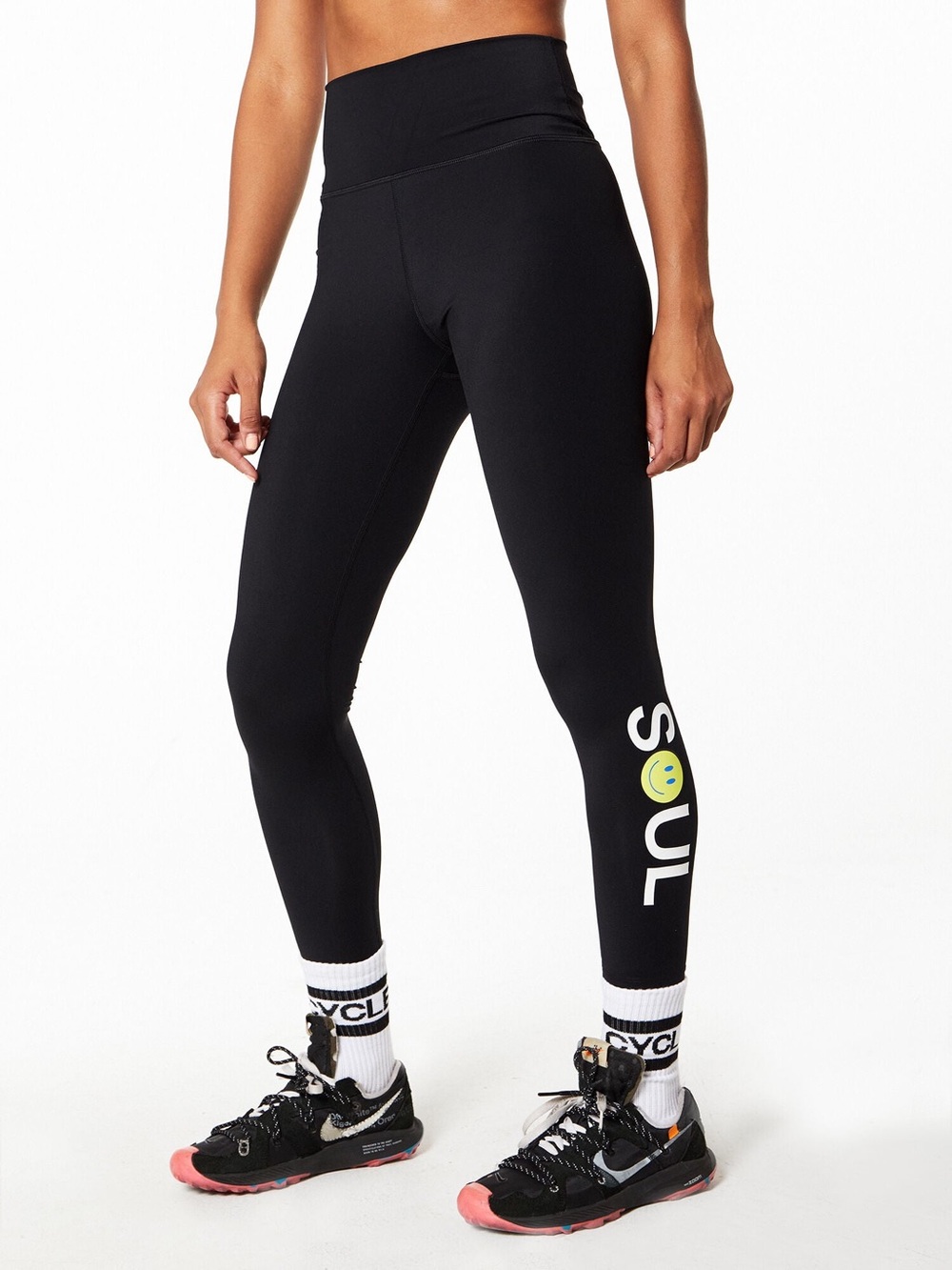 soulcycle Black Leggings with White Logo and Yellow Smiley